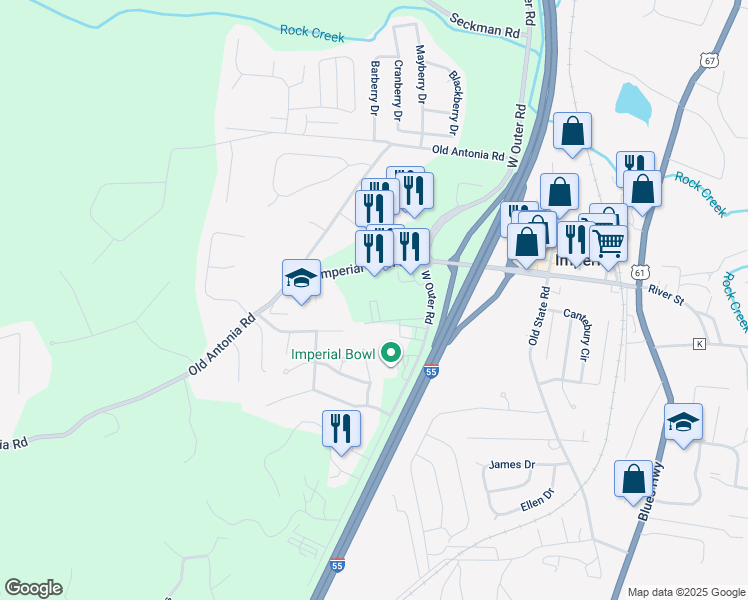 map of restaurants, bars, coffee shops, grocery stores, and more near 1238 Imperial Main Street in Imperial