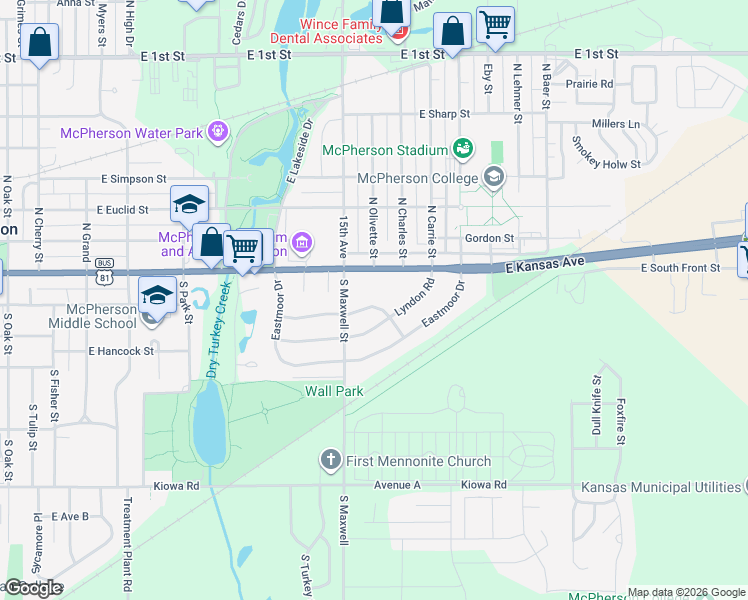 map of restaurants, bars, coffee shops, grocery stores, and more near 1207 Glendale Road in McPherson