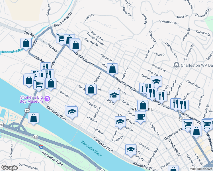 map of restaurants, bars, coffee shops, grocery stores, and more near 1210 Homer Street in Charleston