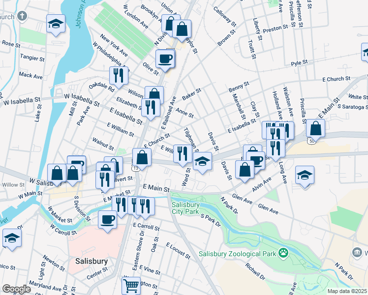 map of restaurants, bars, coffee shops, grocery stores, and more near 522 East Isabella Street in Salisbury