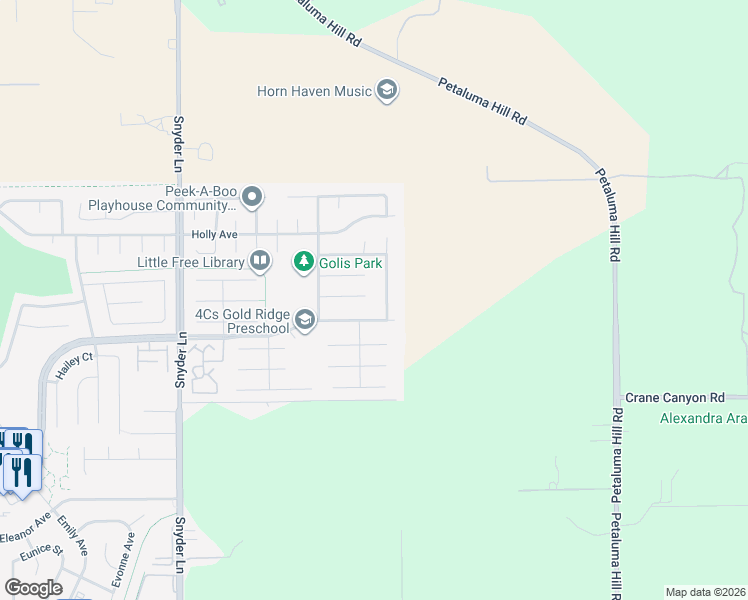 map of restaurants, bars, coffee shops, grocery stores, and more near 1543 Galaxy Court in Rohnert Park