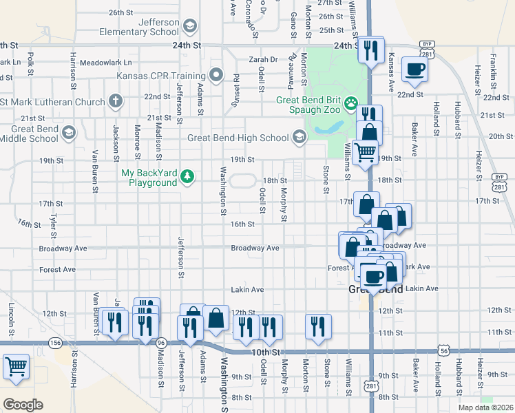 map of restaurants, bars, coffee shops, grocery stores, and more near 1621 Odell Street in Great Bend