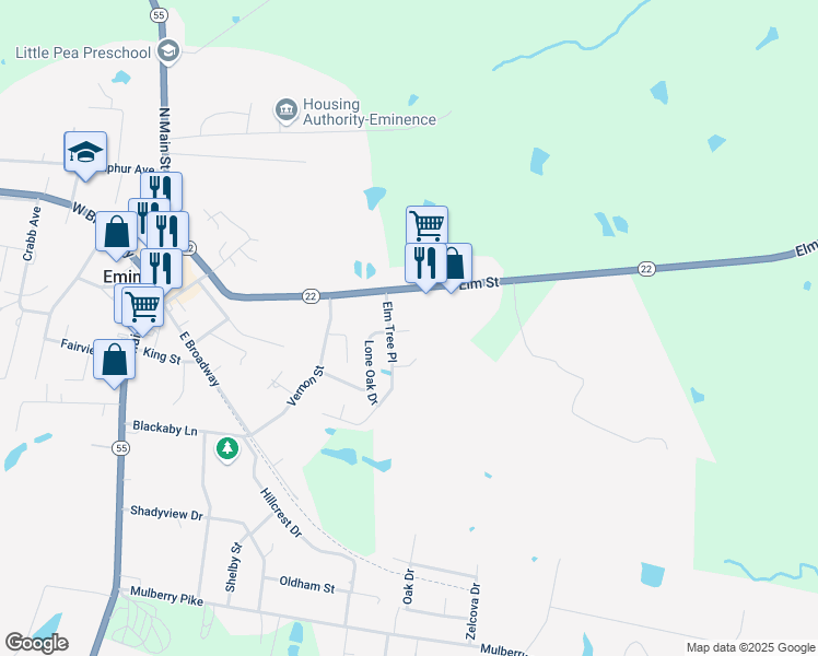 map of restaurants, bars, coffee shops, grocery stores, and more near 11 Lone Oak Drive in Eminence