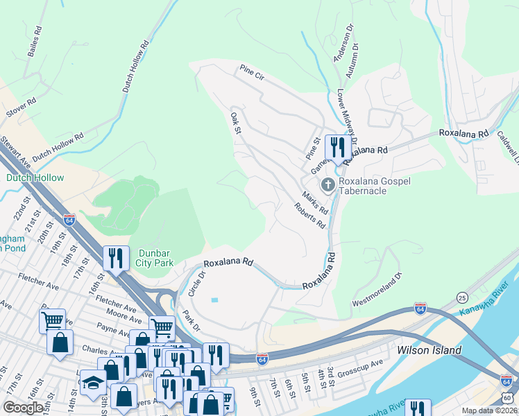map of restaurants, bars, coffee shops, grocery stores, and more near 137 Roberts Road in Dunbar