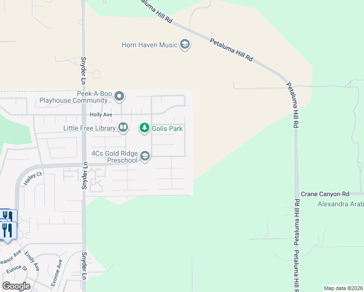 map of restaurants, bars, coffee shops, grocery stores, and more near 1543 Galaxy Court in Rohnert Park