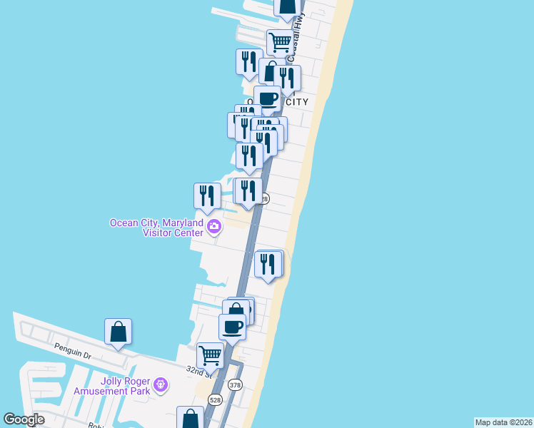 map of restaurants, bars, coffee shops, grocery stores, and more near 15 42nd Street in Ocean City