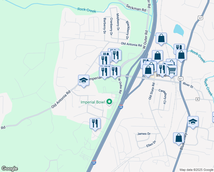 map of restaurants, bars, coffee shops, grocery stores, and more near 1238 Imperial Main Street in Imperial