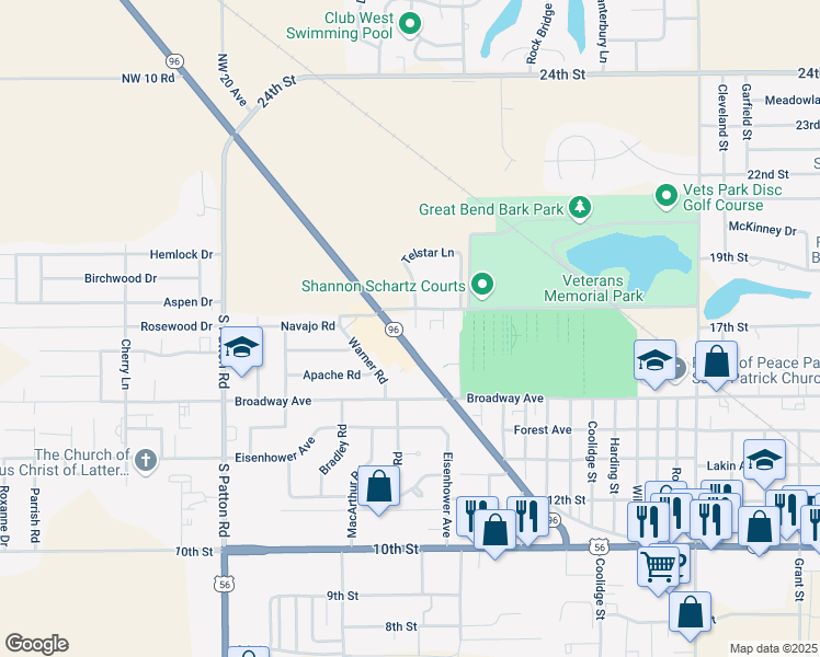 map of restaurants, bars, coffee shops, grocery stores, and more near 1703 Apollo Avenue in Great Bend