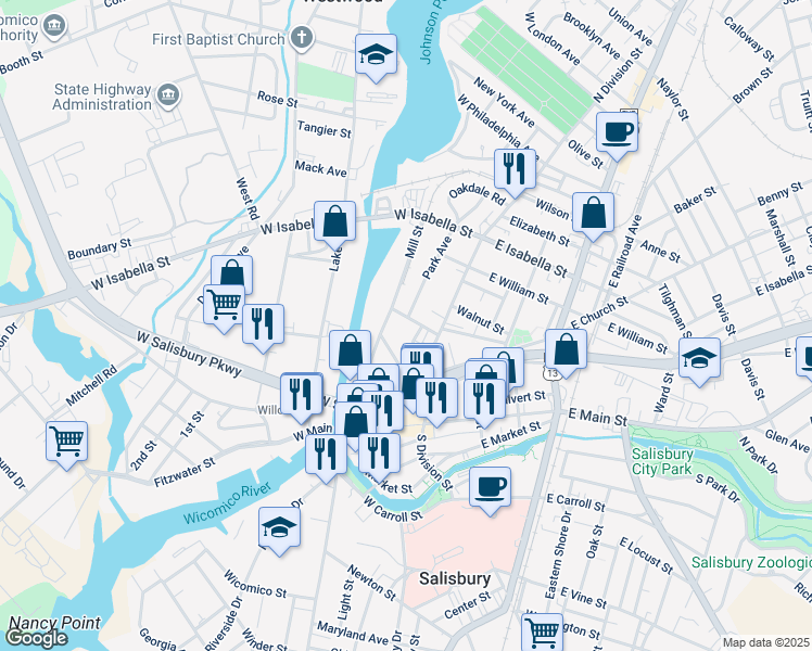 map of restaurants, bars, coffee shops, grocery stores, and more near 116 West Chestnut Street in Salisbury