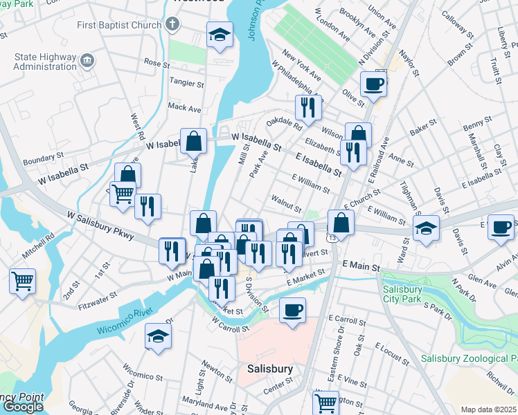 map of restaurants, bars, coffee shops, grocery stores, and more near 302 North Division Street in Salisbury