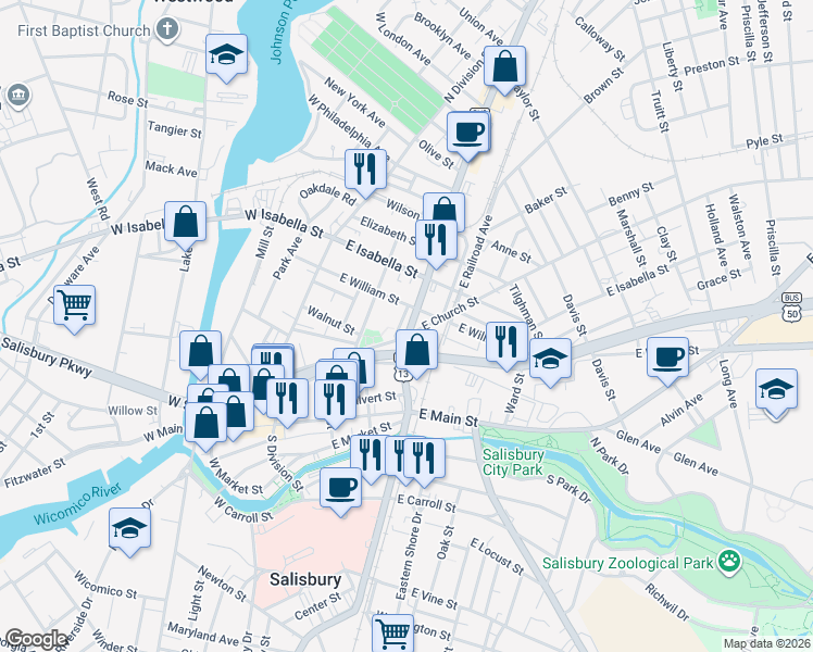 map of restaurants, bars, coffee shops, grocery stores, and more near 401 East Church Street in Salisbury
