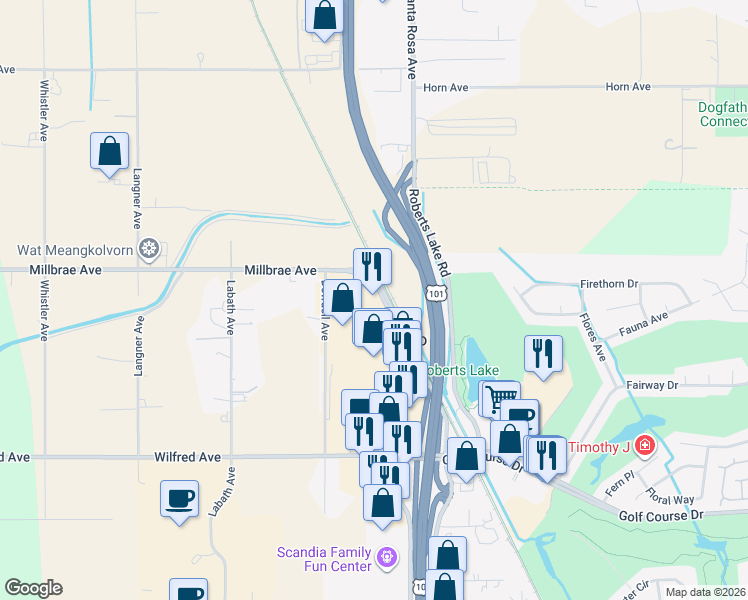 map of restaurants, bars, coffee shops, grocery stores, and more near 4619 Redwood Drive in Rohnert Park