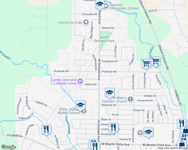map of restaurants, bars, coffee shops, grocery stores, and more near 531 Parkridge Ct in Vacaville