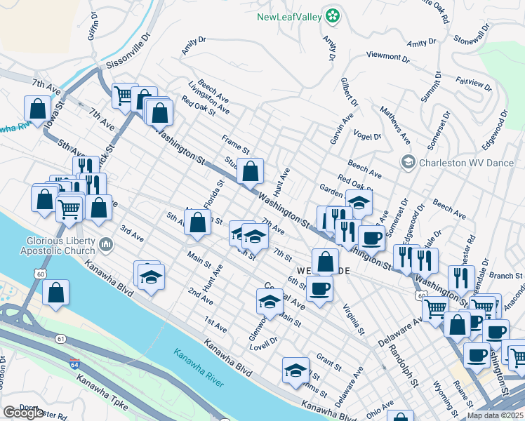 map of restaurants, bars, coffee shops, grocery stores, and more near 704 7th Avenue in Charleston