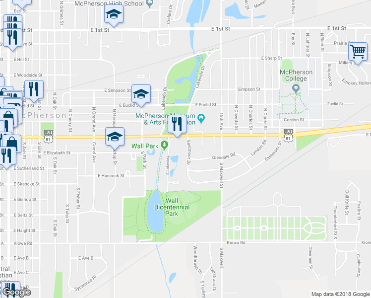 map of restaurants, bars, coffee shops, grocery stores, and more near 106 Eastmoor Drive in McPherson