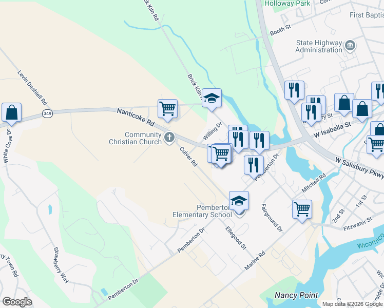 map of restaurants, bars, coffee shops, grocery stores, and more near 6375 Willing Drive in Salisbury