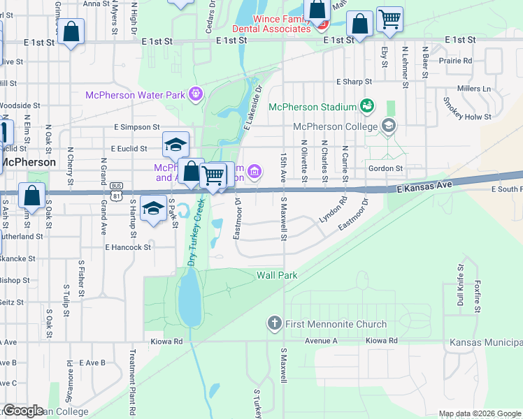 map of restaurants, bars, coffee shops, grocery stores, and more near 107 Laurel Court in McPherson