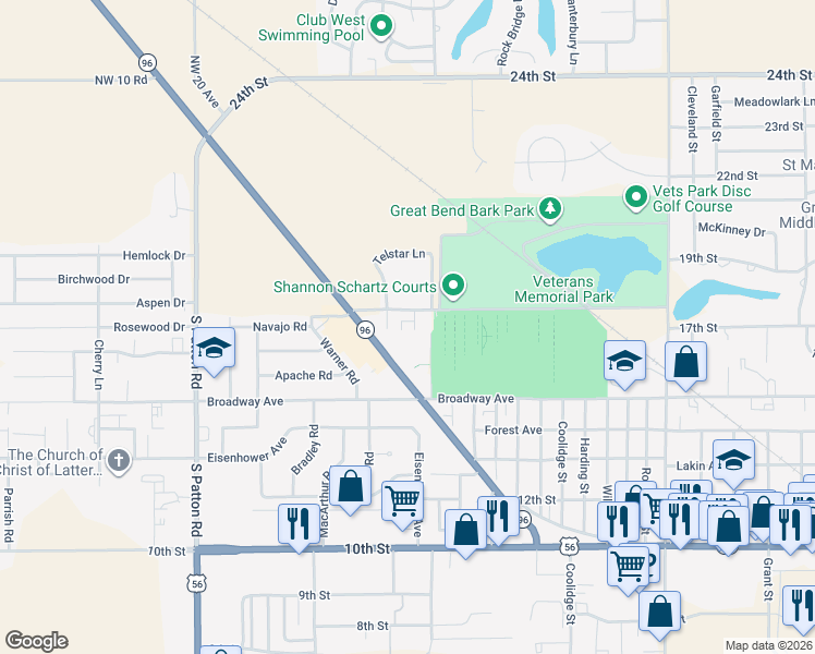 map of restaurants, bars, coffee shops, grocery stores, and more near 1703 Apollo Avenue in Great Bend