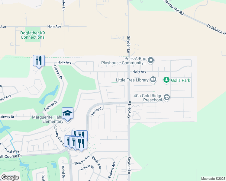 map of restaurants, bars, coffee shops, grocery stores, and more near 1210 Hemp Court in Rohnert Park