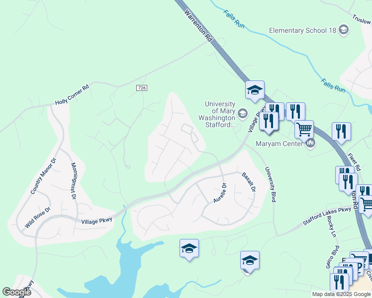 map of restaurants, bars, coffee shops, grocery stores, and more near 1802 Emerald Drive in Fredericksburg