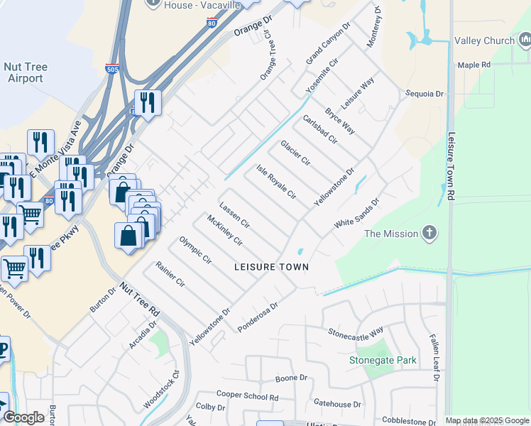 map of restaurants, bars, coffee shops, grocery stores, and more near 183 Lassen Circle in Vacaville