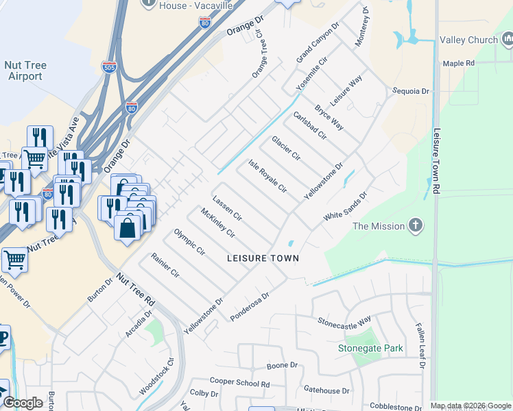 map of restaurants, bars, coffee shops, grocery stores, and more near 183 Lassen Circle in Vacaville