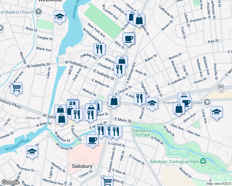 map of restaurants, bars, coffee shops, grocery stores, and more near 420 East Church Street in Salisbury