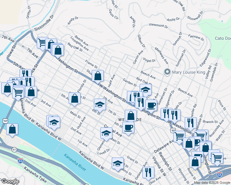 map of restaurants, bars, coffee shops, grocery stores, and more near 800 Woodrow Wilson Place in Charleston