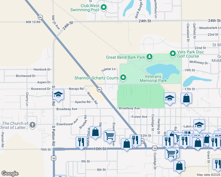 map of restaurants, bars, coffee shops, grocery stores, and more near 1703 Apollo Avenue in Great Bend