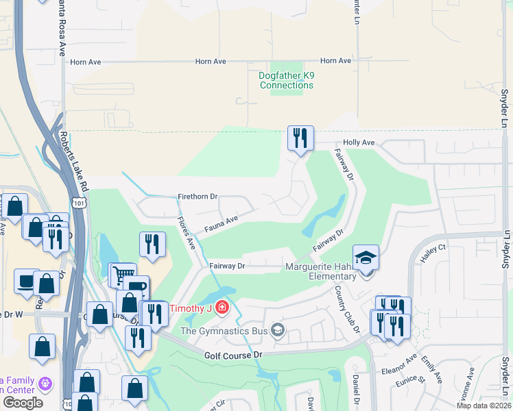map of restaurants, bars, coffee shops, grocery stores, and more near 350 Firethorn Drive in Rohnert Park