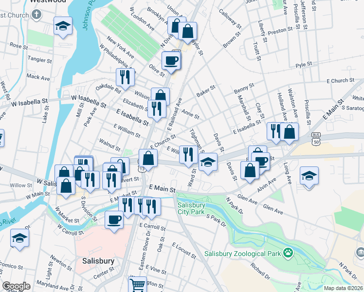 map of restaurants, bars, coffee shops, grocery stores, and more near 511 Wailes Street in Salisbury