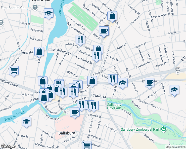 map of restaurants, bars, coffee shops, grocery stores, and more near 401 East Church Street in Salisbury