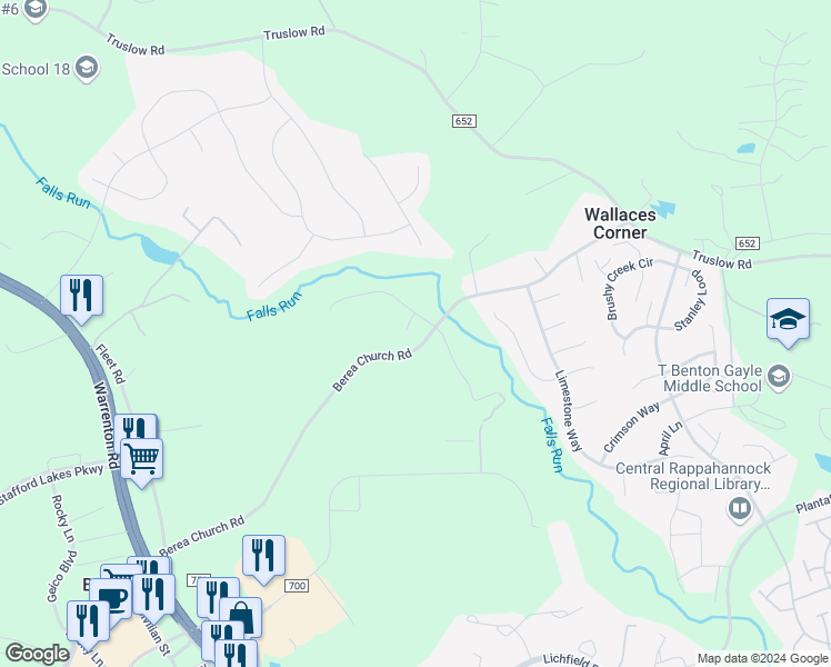 map of restaurants, bars, coffee shops, grocery stores, and more near 3 Monacan Court in Fredericksburg