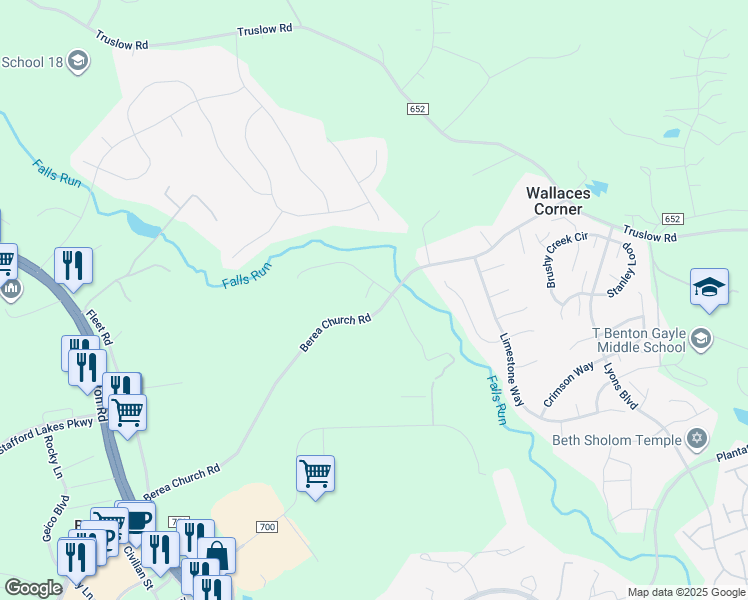 map of restaurants, bars, coffee shops, grocery stores, and more near 3 Monacan Court in Fredericksburg