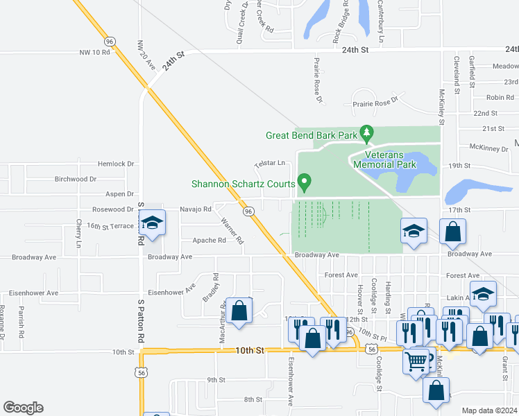 map of restaurants, bars, coffee shops, grocery stores, and more near 1703 Apollo Avenue in Great Bend
