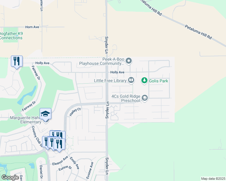 map of restaurants, bars, coffee shops, grocery stores, and more near 1314 Gaspar Court in Rohnert Park