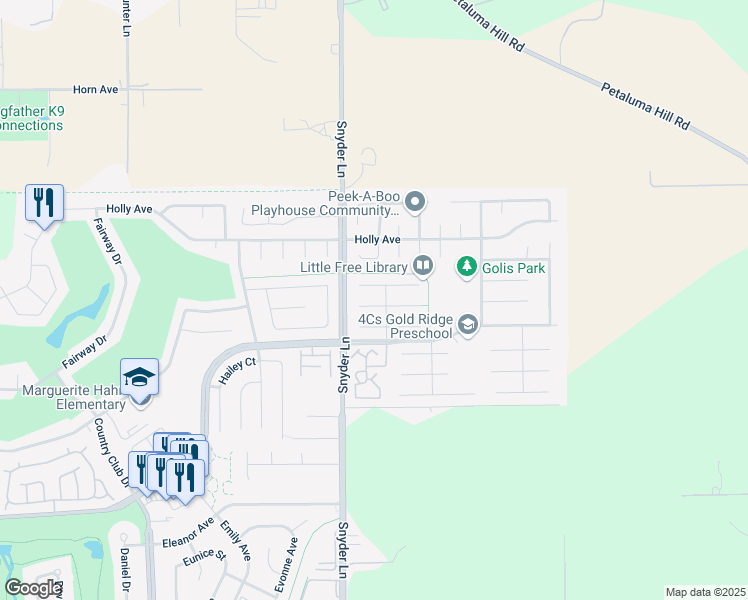 map of restaurants, bars, coffee shops, grocery stores, and more near 1314 Gaspar Court in Rohnert Park