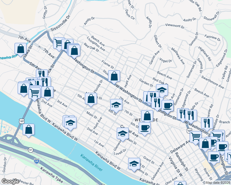 map of restaurants, bars, coffee shops, grocery stores, and more near 704 7th Avenue in Charleston