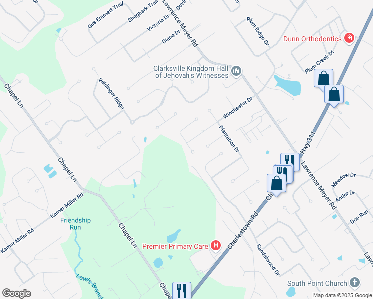 map of restaurants, bars, coffee shops, grocery stores, and more near 3055 Ashley Court in Sellersburg