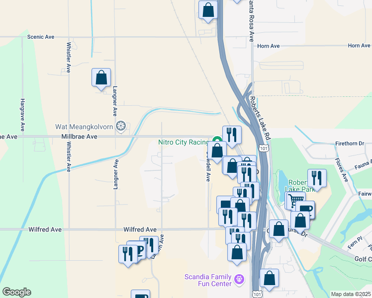 map of restaurants, bars, coffee shops, grocery stores, and more near 142 Millbrae Avenue in Santa Rosa