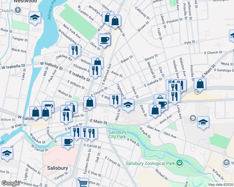 map of restaurants, bars, coffee shops, grocery stores, and more near 522 East Isabella Street in Salisbury