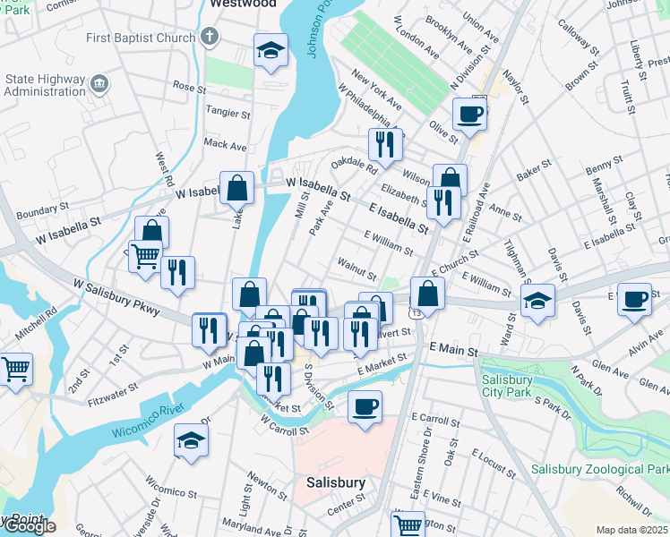 map of restaurants, bars, coffee shops, grocery stores, and more near 302 North Division Street in Salisbury