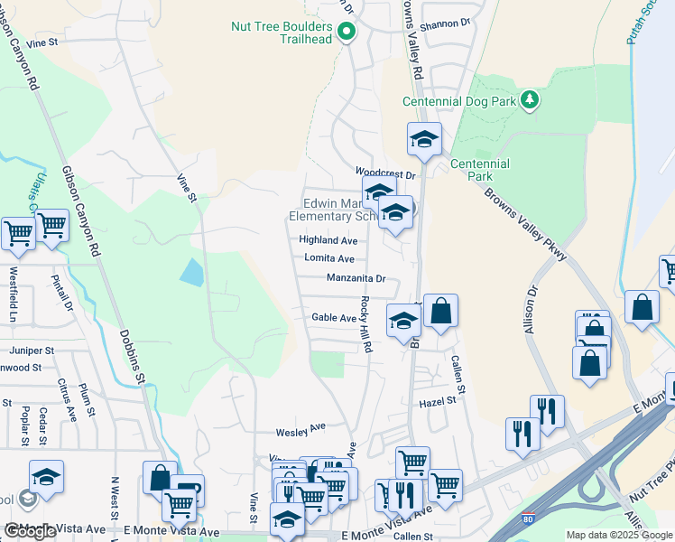 map of restaurants, bars, coffee shops, grocery stores, and more near 136 Manzanita Drive in Vacaville