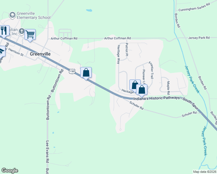 map of restaurants, bars, coffee shops, grocery stores, and more near 8881-9089 Indiana's Historic Pathways - South Spur in Greenville