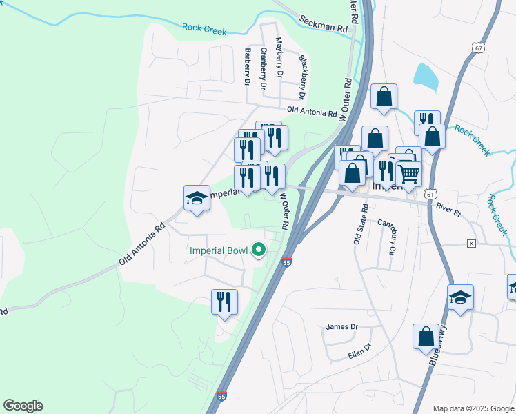 map of restaurants, bars, coffee shops, grocery stores, and more near 1238 Imperial Main Street in Imperial