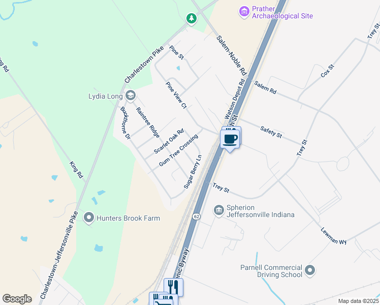 map of restaurants, bars, coffee shops, grocery stores, and more near 5605 Mimosa Run in Jeffersonville