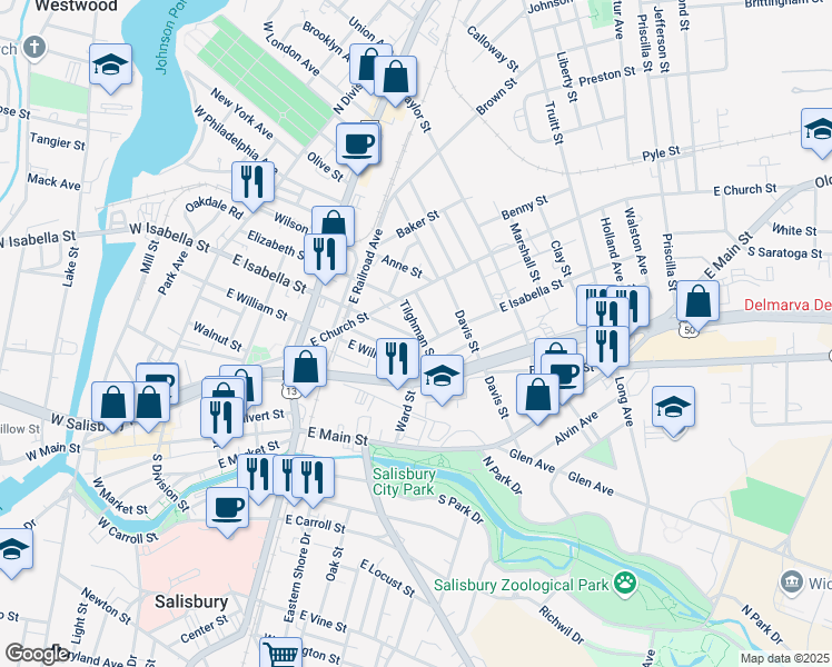 map of restaurants, bars, coffee shops, grocery stores, and more near 522 East Isabella Street in Salisbury