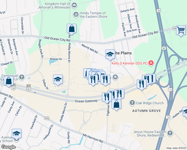 map of restaurants, bars, coffee shops, grocery stores, and more near 2003 Whispering Ponds Court in Salisbury