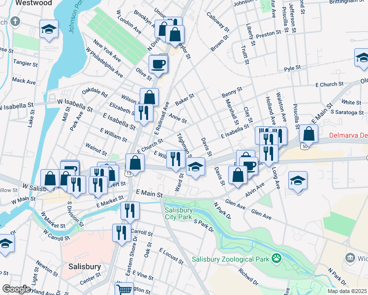 map of restaurants, bars, coffee shops, grocery stores, and more near 522 East Isabella Street in Salisbury