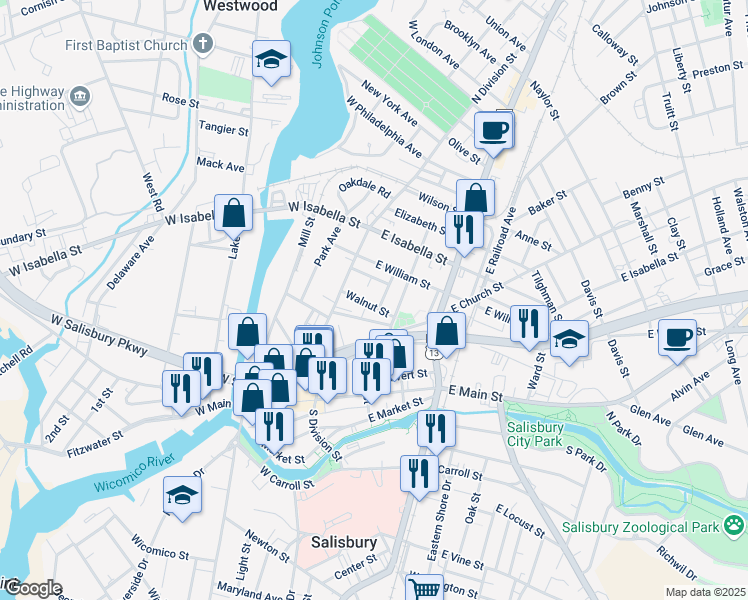 map of restaurants, bars, coffee shops, grocery stores, and more near 114 Walnut Street in Salisbury